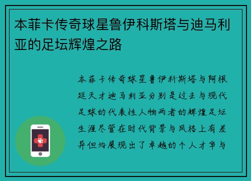 本菲卡传奇球星鲁伊科斯塔与迪马利亚的足坛辉煌之路