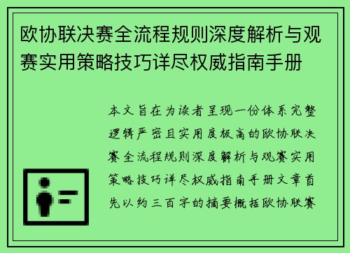 欧协联决赛全流程规则深度解析与观赛实用策略技巧详尽权威指南手册