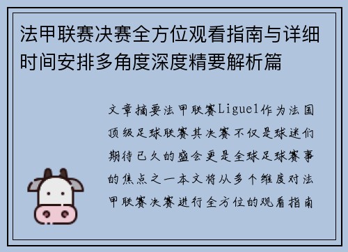 法甲联赛决赛全方位观看指南与详细时间安排多角度深度精要解析篇