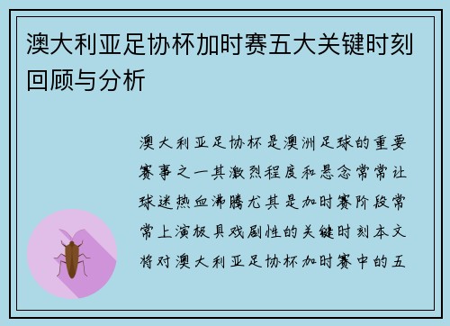 澳大利亚足协杯加时赛五大关键时刻回顾与分析 澳大利亚足协杯加时赛五大关键时刻回顾与分析